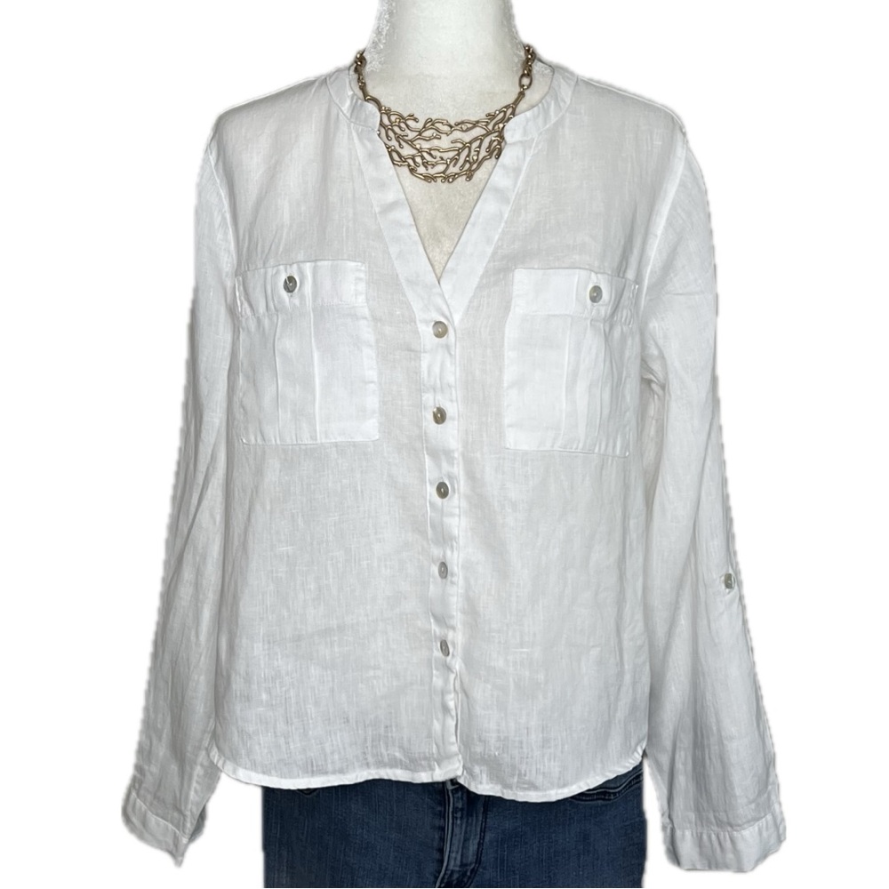 Isaac Mizrahi 100% Linen Blouse V Neck Button Up White Medium M - Picture 3 of 11